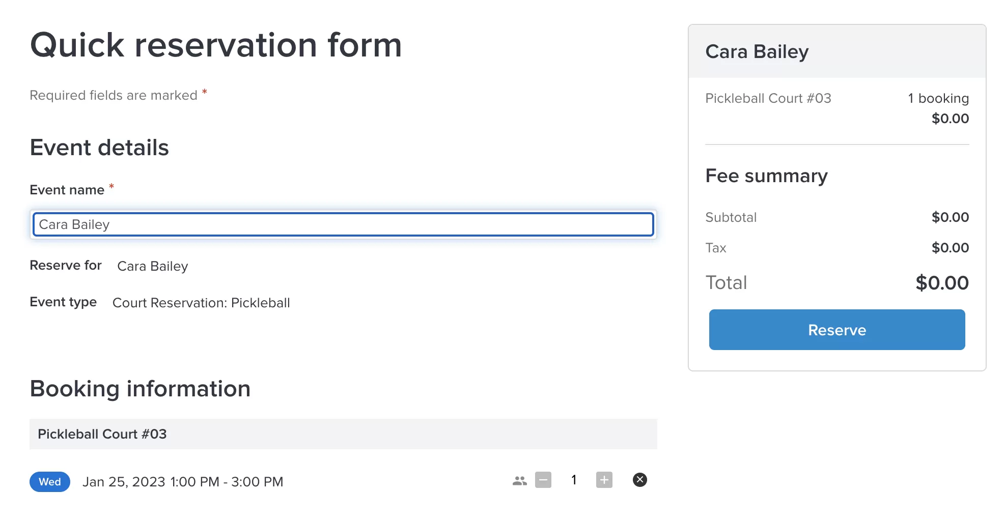 Pickleball Reservation Screen